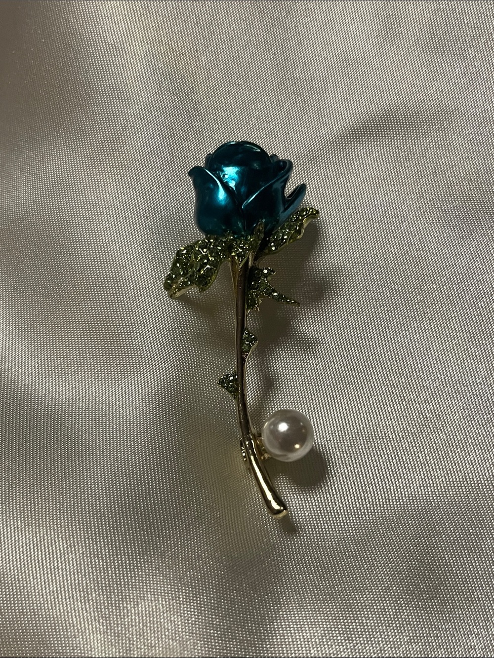 Blue Rose Stem Brooch with Pearl Accent - Women Jewelry